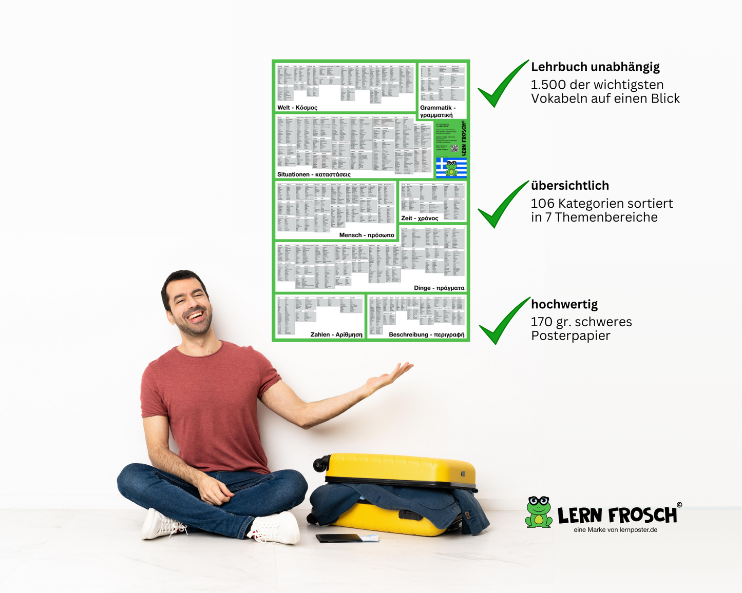 Lern Frosch® Griechisch häufigsten Wortschatz lernen | Vokabelposter für Anfänger & Fortgeschrittene | 1.500+ Vokabeln lernen